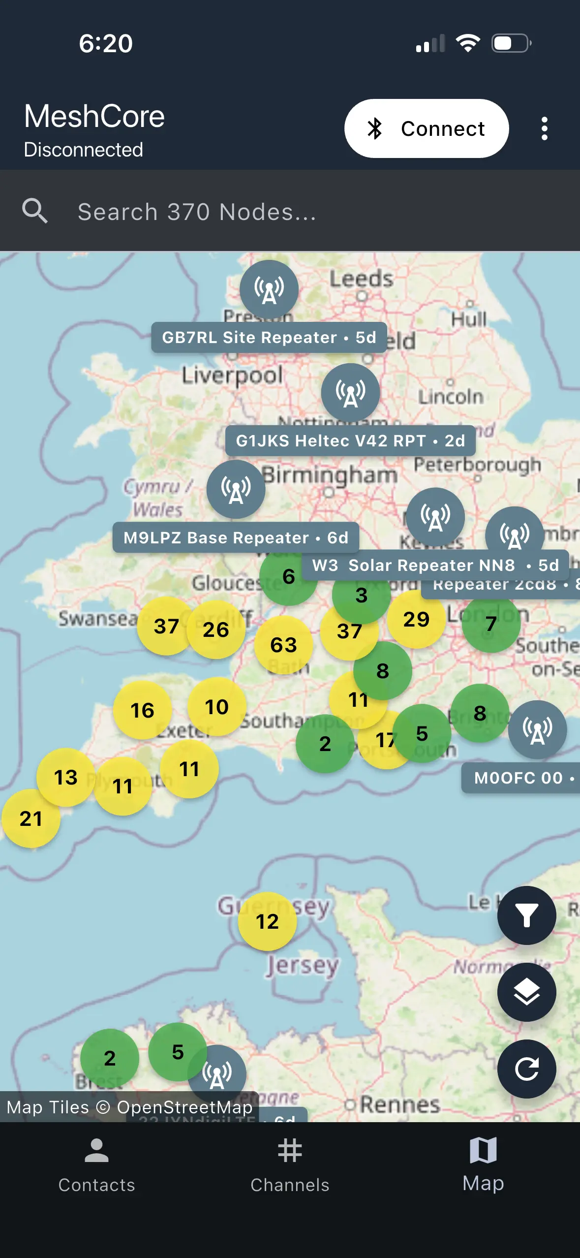 a screenshot of the meshcore companion app showing a map of all discovered nodes, spanning the south of the uk and stretching into parts of france