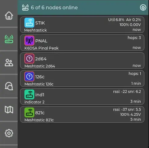 a screenshot of the meshtastic interface showing connections to several other nearby nodes