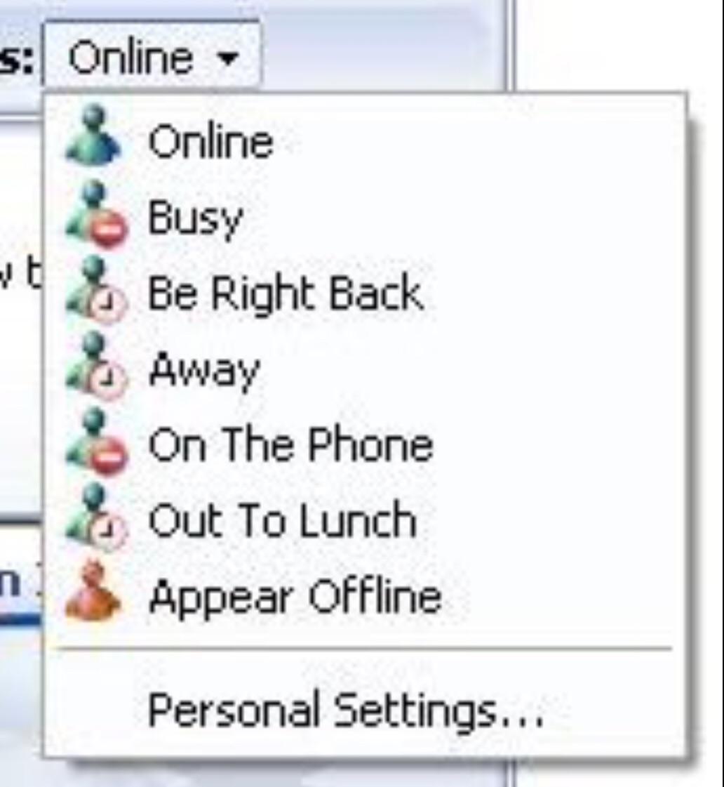 a screenshot of a dropdown menu, each item features a status, such as online, busy, and away. each item also features a corresponding icon