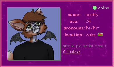 a screenshot of a profile card, showing a profile image, basic details such as name, age, and pronouns. the top-right corner of the profile card shows a filled green circle, and the word 'online'.