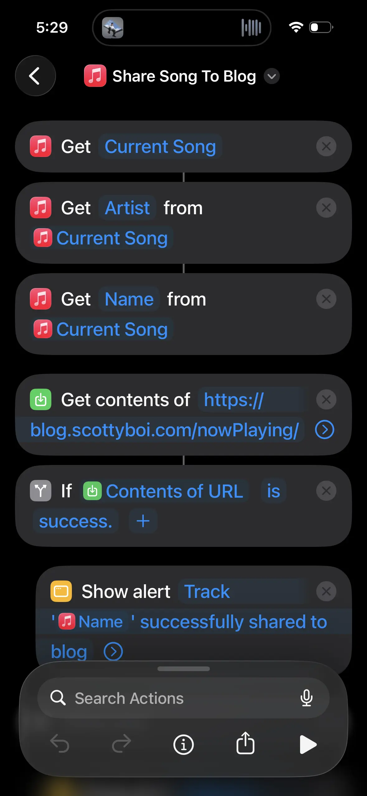 a screenshot from an iphone showing the 'shortcuts' app. several computer tasks are listed in sequential order. these tasks are: 'get current song', 'get artist from current song', 'get name from current song', 'get contents of a URL', 'if contents of URL is success', and 'show alert track name successfully shared to blog'