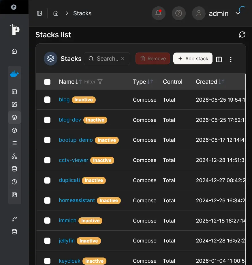 a screenshot of the portainer web interface, showing several apps running