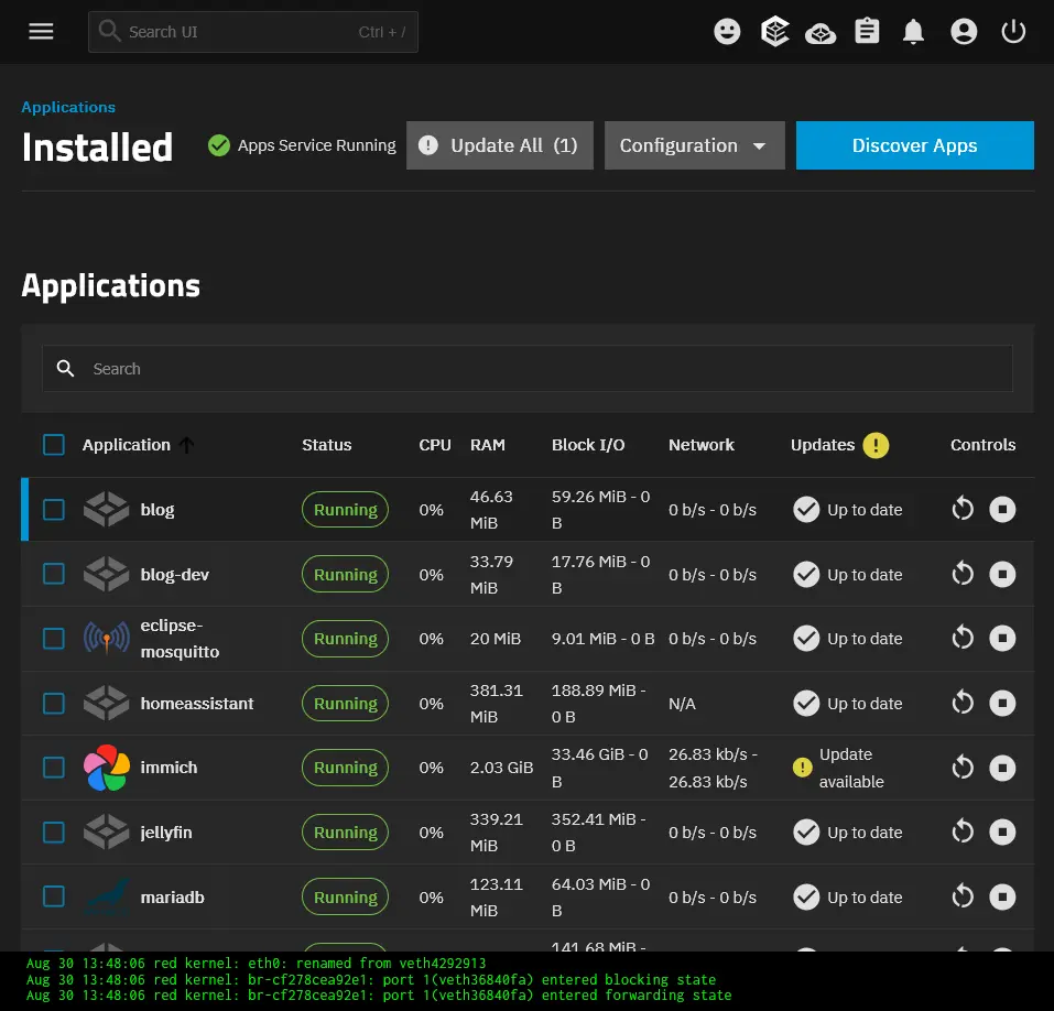 a screenshot of the truenas web interface, showing several apps running